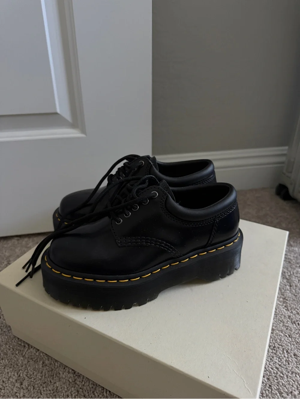Dr. Martens Black Lace-Up Platform Boots with Yellow Stitching - Picture 2 of 4